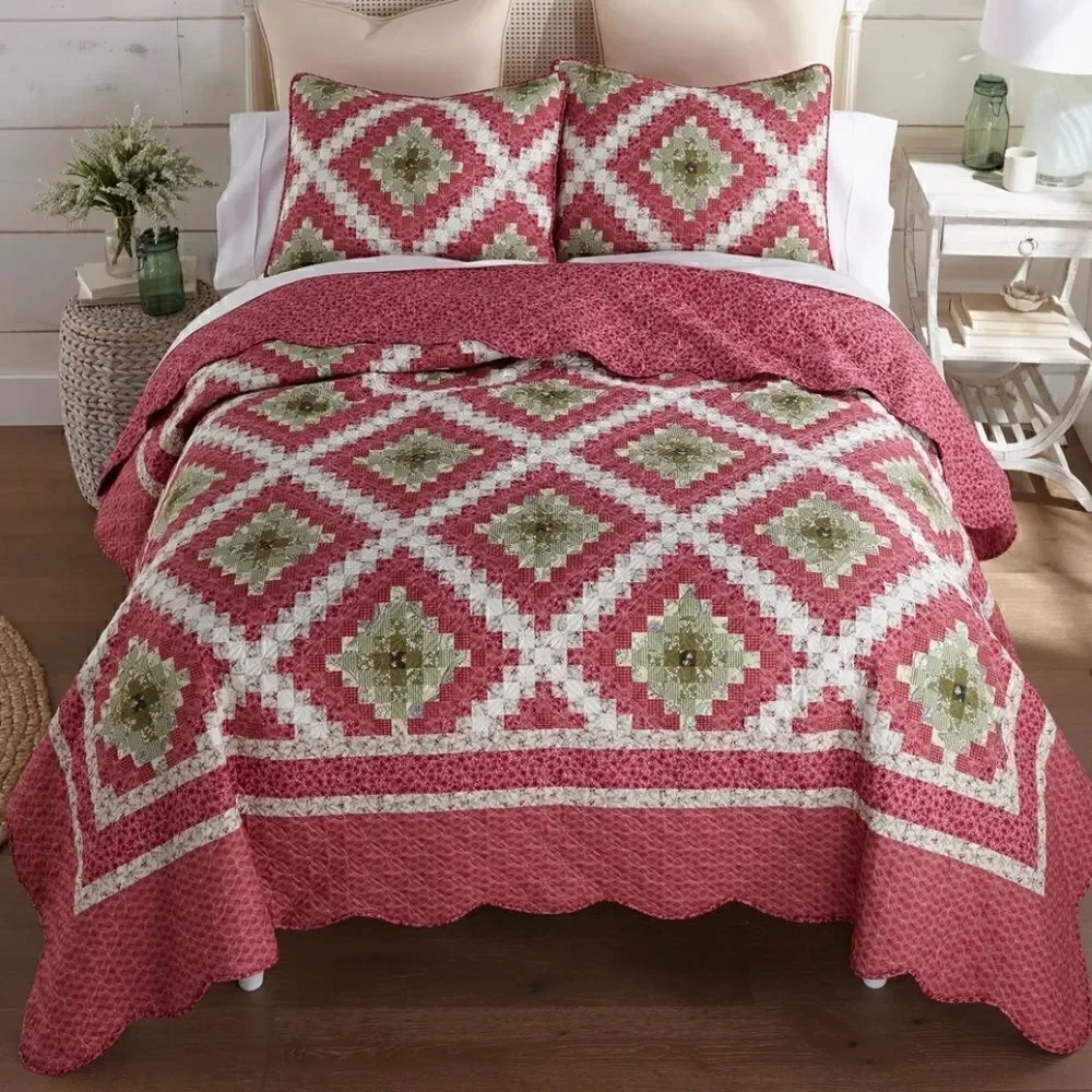 NEW! Sweet Melon QUEEN Size Printed Quilt Set Diamond Farmhouse Country Boho
